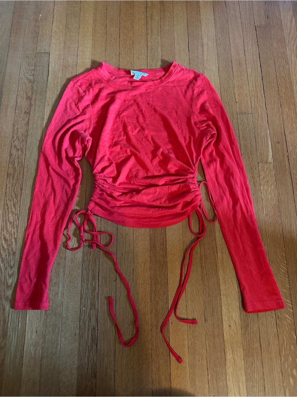 Open Edit Nordstrom Vermillion Red Ruched Side-Tie Long Sleeved Top, Size XS